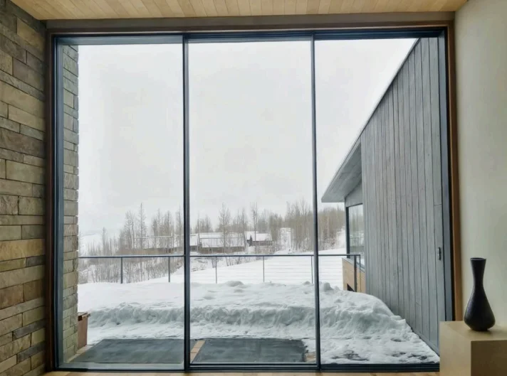 Floor-to-ceiling Vista sliding glass system framing a snow-covered landscape