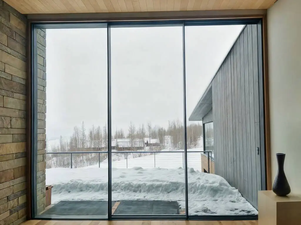 Floor-to-ceiling slider — snowy mountain view, stone and timber interior